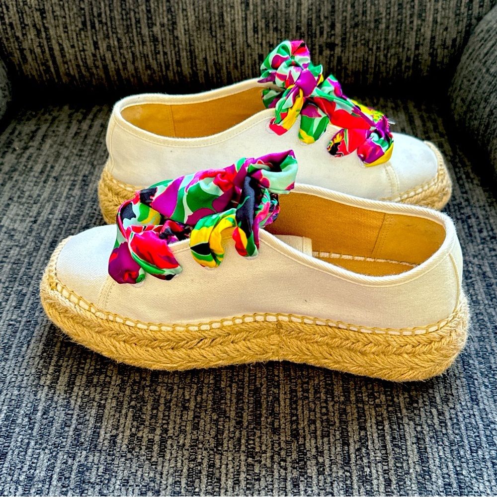 kate spade White Canvas Espadrille Platforms with Multicolor Bow Laces